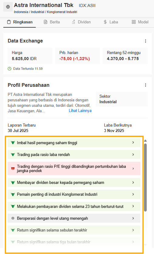 Cara filter informasi penting terkait saham ASII di Investing Pro